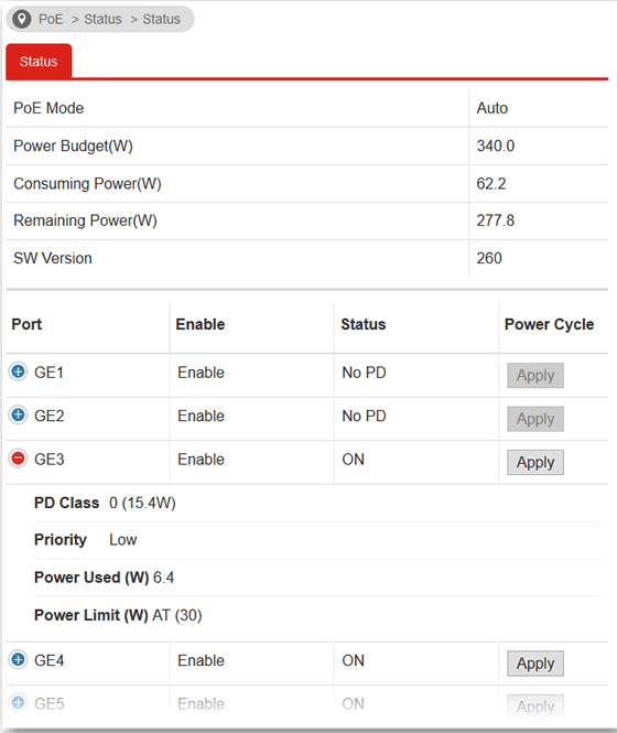 VigorSwitch P2280 PoE management